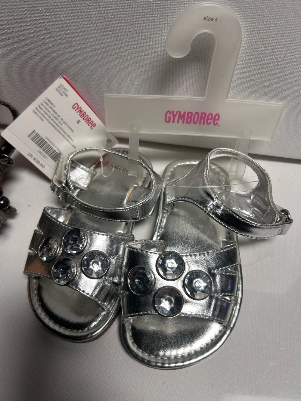 GYMBOREE Leather Silver Gem Metallic Sandals with Rhinestone Embellishment Sz 5